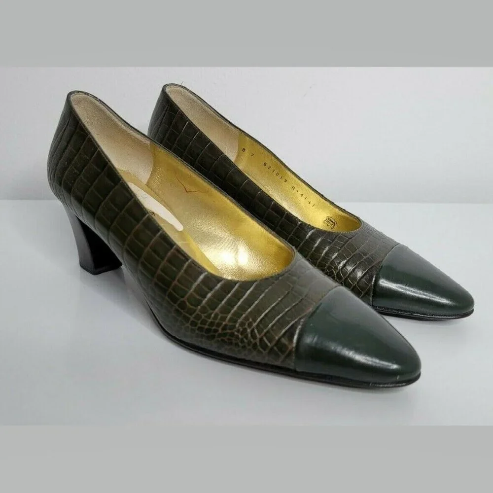 BRUNO MAGLI Womens 7 Green Lizard Print Heels Cuir Leather Pump Shoes Italy Made